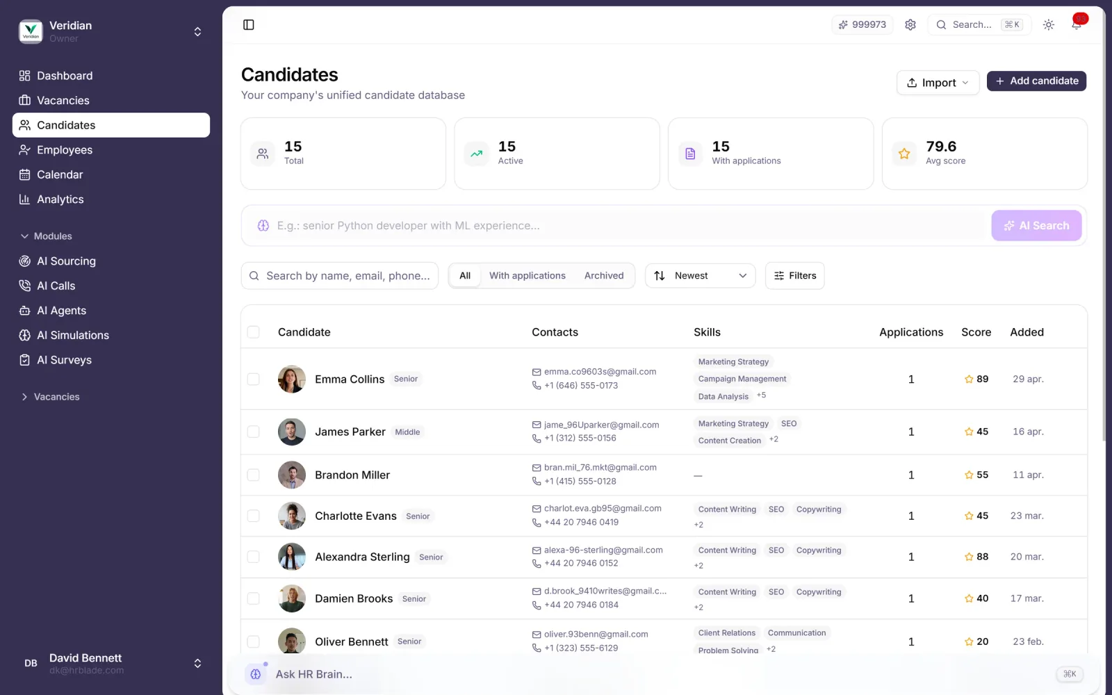 Candidates list: 14 profiles in pipeline, average score 67, filters by stage and status, sortable columns for evaluations and tags