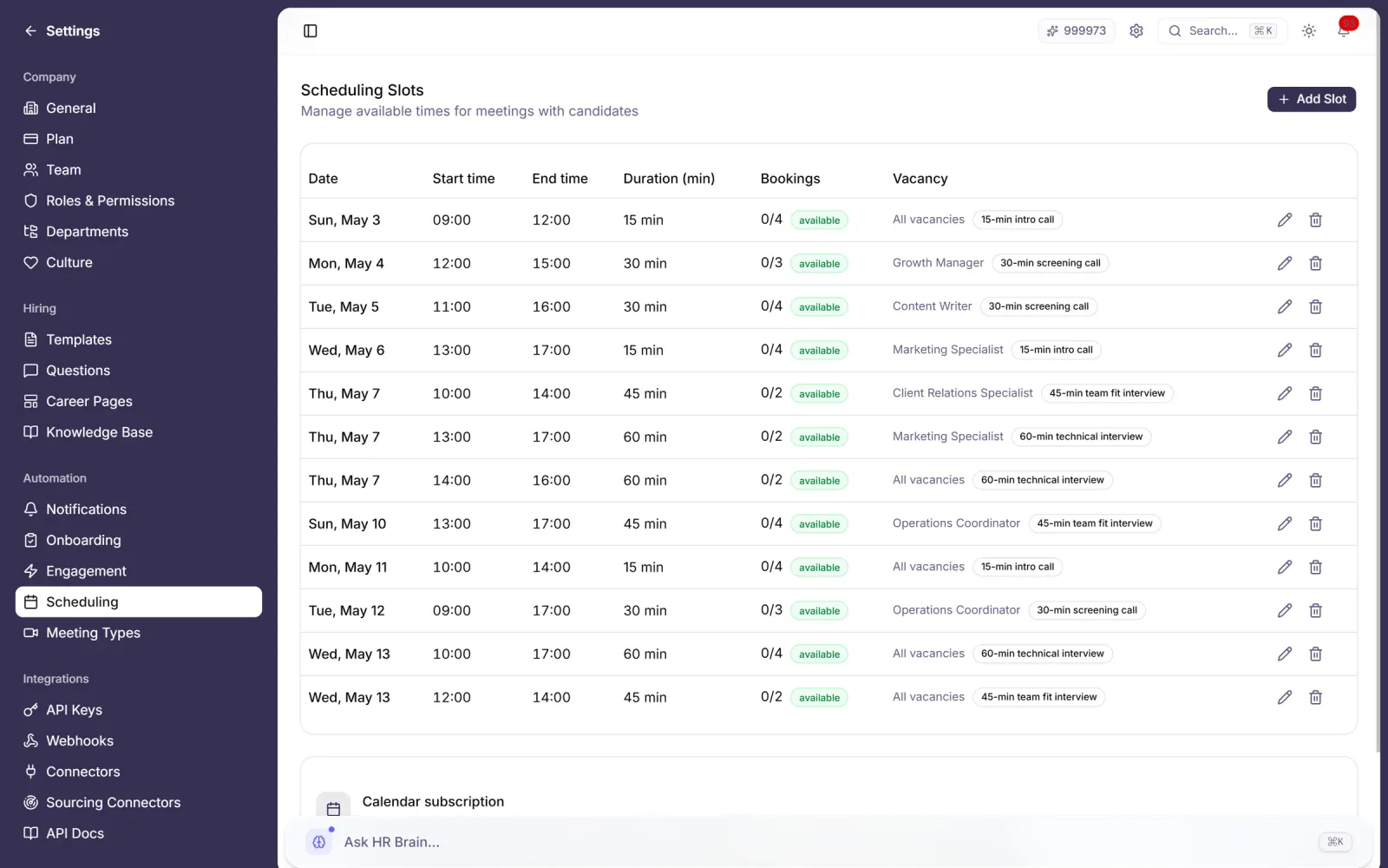 Scheduling timeline: interviewer availability, candidate self-booking link, time-zone handling and reschedule audit trail